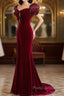 Wine Red Mermaid Long Party Dresses With Bow, Wine Red Evening Dresses Formal Prom Dresses