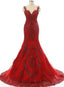 Wine Red Mermaid Long Party Dress with Lace Applique, Wine Red Formal Dresses