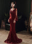 Wine Red Mermaid Long Formal Prom Dresses With Lace, V-Neckline Formal Prom Dresses