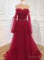 Wine Red Off Shoulder Beaded Long Formal Dress Wine Red Evening Dress prom dresses shops