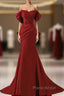 Wine Red Off Shoulder Mermaid Long Party Dresses, Wine Red Evening Dresses Formal Prom Dresses