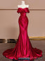 Wine Red Off Shoulder Satin Long Evening Dress, Wine Red Prom Dress