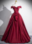 Wine Red Satin Off Shoulder Floor Length Party Dresses, Wine Red Long Formal Prom Dresses