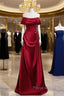 Wine Red Satin Off Shoulder Long Party Dresses, A-Line Satin Formal Prom Dresses