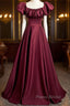 Wine Red Satin Off Shoulder Long Party Dresses, Wine Red Satin Formal Prom Dresses