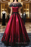 Wine Red Satin Round Neckline With Black Lace Party Dresses, Wine Red Formal Prom Dresses