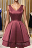 Wine Red Satin V-Neckline Short Party Dresses, Wine Red Homecoming Dresses