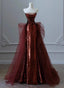 Wine Red Sequins And Tulle Beaded Long Party Dresses, Wine Red Formal Evening Dresses