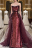 Wine Red Sequins Long Party Dresses With Tulle, Wine Red Long Formal Dresses Formal Prom Dresses