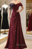 Wine Red Sequins Off Shoulder Long Party Dresses, A-Line Sequins Formal Prom Dresses