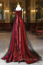 Wine Red Sequins With Black Tulle Straps Long Party Dresses, Wine Red Sequins Formal Prom Dresses