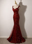 Wine Red Straps Sweetheart Mermaid Long Party Dresses, Wine Red Sequins Formal Prom Dresses