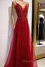 Wine Red Straps V-Neckline Lace Applique Long Formal Prom Dresses, Dark Red Formal Dresses