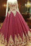 Wine Red Tulle Ball Gowns Wedding Dresses Gold Lace Appliques