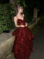 Wine Red Tulle V-Neckline With Lace Applique Formal Prom Dresses, WIne Red Long Formal Dresses