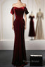 Wine Red Velvet Off Shoulder Long Mermaid Formal Prom Dresses, Wine Red Velvet Eveing Dresses