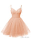 Womens V Neck Tulle Spaghetti Straps Blush Pink Homecoming Dresses with Corset Back Short Prom Gowns for Teens