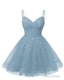 Womens V Neck Tulle Spaghetti Straps Dusty Blue Homecoming Dresses with Corset Back Short Prom Gowns for Teens