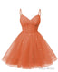 Womens V Neck Tulle Spaghetti Straps Orange Homecoming Dresses with Corset Back Short Prom Gowns for Teens