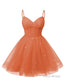 Womens V Neck Tulle Spaghetti Straps Orange Homecoming Dresses with Corset Back Short Prom Gowns for Teens