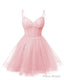 Womens V Neck Tulle Spaghetti Straps Pink Homecoming Dresses with Corset Back Short Prom Gowns for Teens