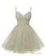 Womens V Neck Tulle Spaghetti Straps Silver Homecoming Dresses with Corset Back Short Prom Gowns for Teens