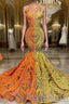 Yellow and Orange Mermaid Formal Prom Dress Lace Long On Sale