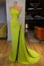 Yellow Green One Shoulder Mermaid Prom Dress Long Split With Beads