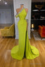 Yellow Green One Shoulder Mermaid Prom Dress Slit Long With Crystals