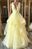 Yellow Formal Prom Dress A Line Deep V Neck Light Long Party Evening Dress with Ruffles