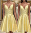 Yellow Satin Short Graduation Formal Prom Dresses ,Spaghetti Straps Homecoming Dresses