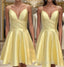 Yellow Satin Short Graduation Formal Prom Dresses ,Spaghetti Straps Homecoming Dresses