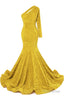 Yellow Sequins Mermaid Prom Dresses One Shoulder Evening Dresses Floor Length Wedding Party Gowns