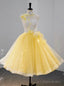 Yellow Tulle Lace Flower Tea Length Homecoming Dress
