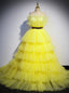 Yellow Tulle Pleats Spaghetti Straps Prom Dress
