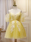 Yellow Tulle Puff Sleeve Spaghetti Straps Homecoming Dress
