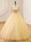 Yellow Tulle Square Short Sleeve Beading Quinceanera Dress