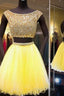 Yellow Two Piece Cap Sleeve Homecoming Dresses Beaded