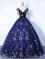 Navy Blue Tulle Long Prom Dress, Spaghetti Straps Lace Flower Backless Evening Dress