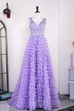 Lavender Plunging V Neck Appliques Layers Long Formal Prom Dresses with Slit
