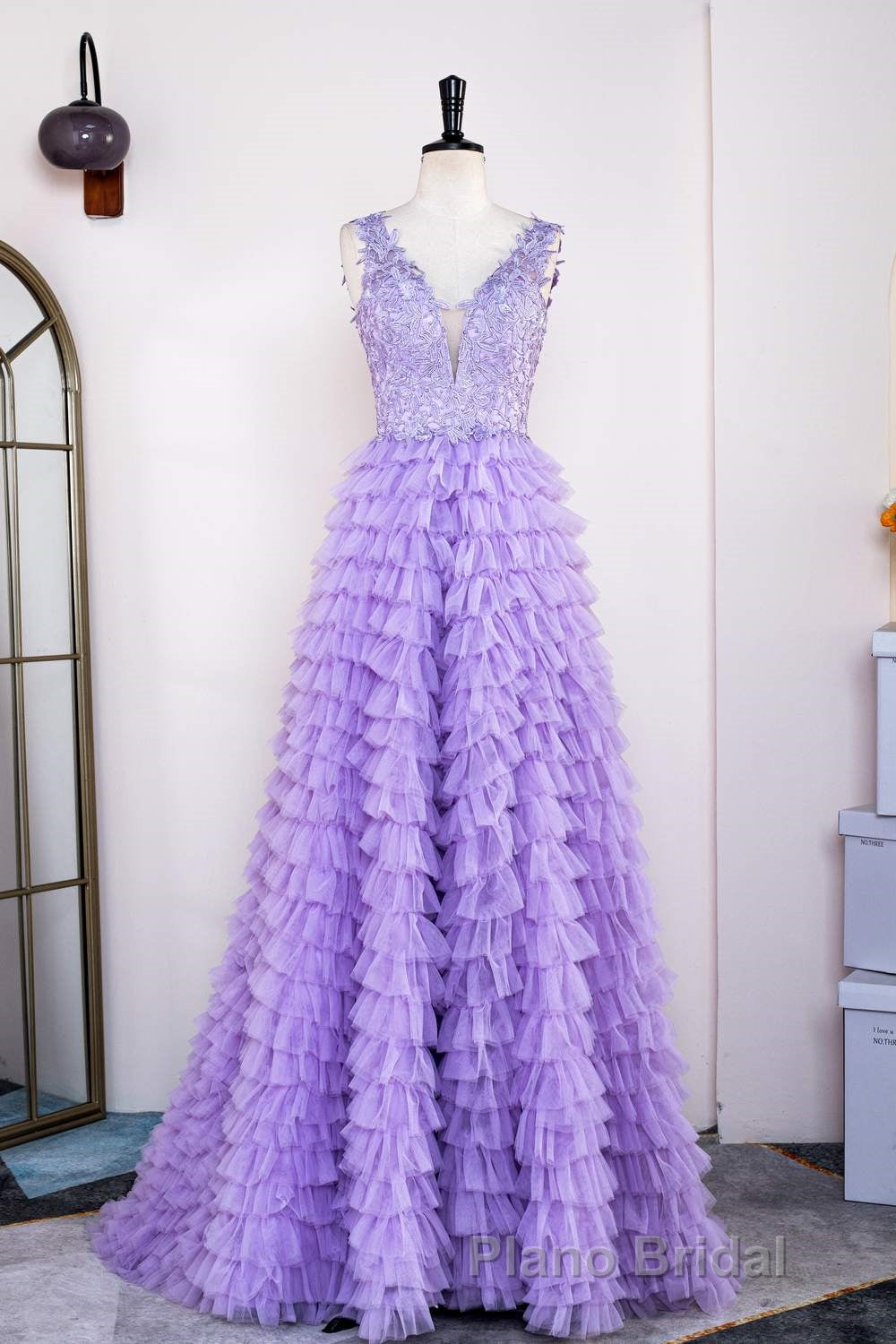Lavender Plunging V Neck Appliques Layers Long Formal Prom Dresses with Slit