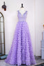 Lavender Plunging V Neck Appliques Layers Long Formal Prom Dresses with Slit