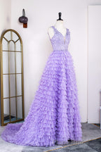 Lavender Plunging V Neck Appliques Layers Long Formal Prom Dresses with Slit