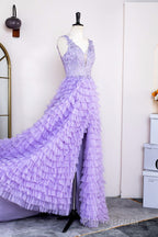 Lavender Plunging V Neck Appliques Layers Long Formal Prom Dresses with Slit