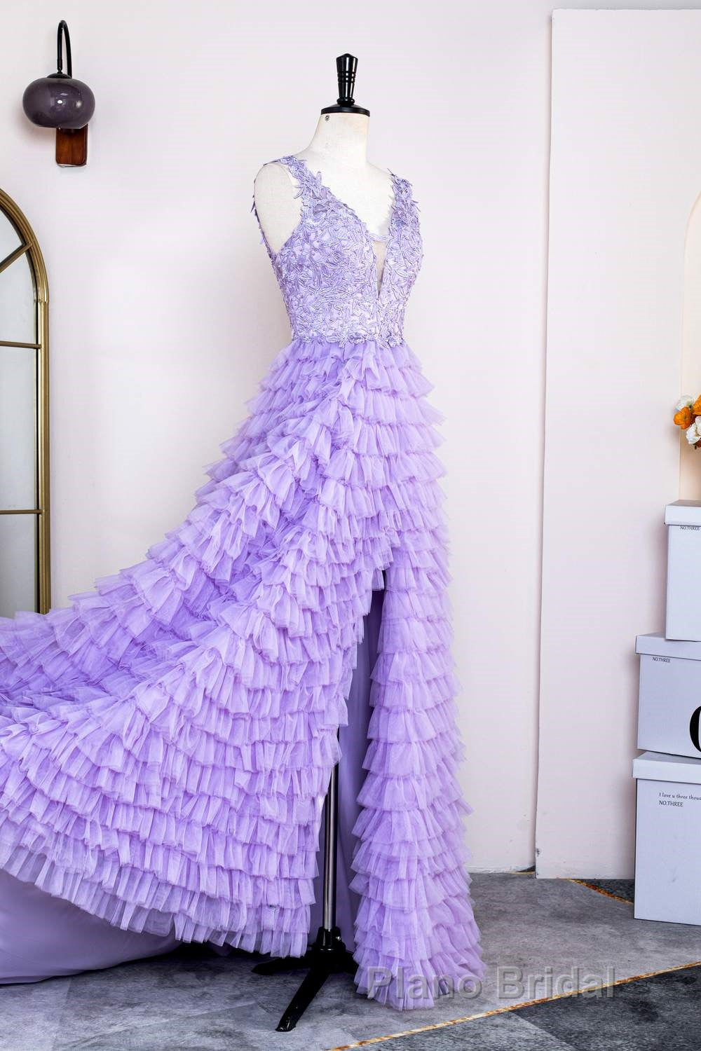 Lavender Plunging V Neck Appliques Layers Long Formal Prom Dresses with Slit