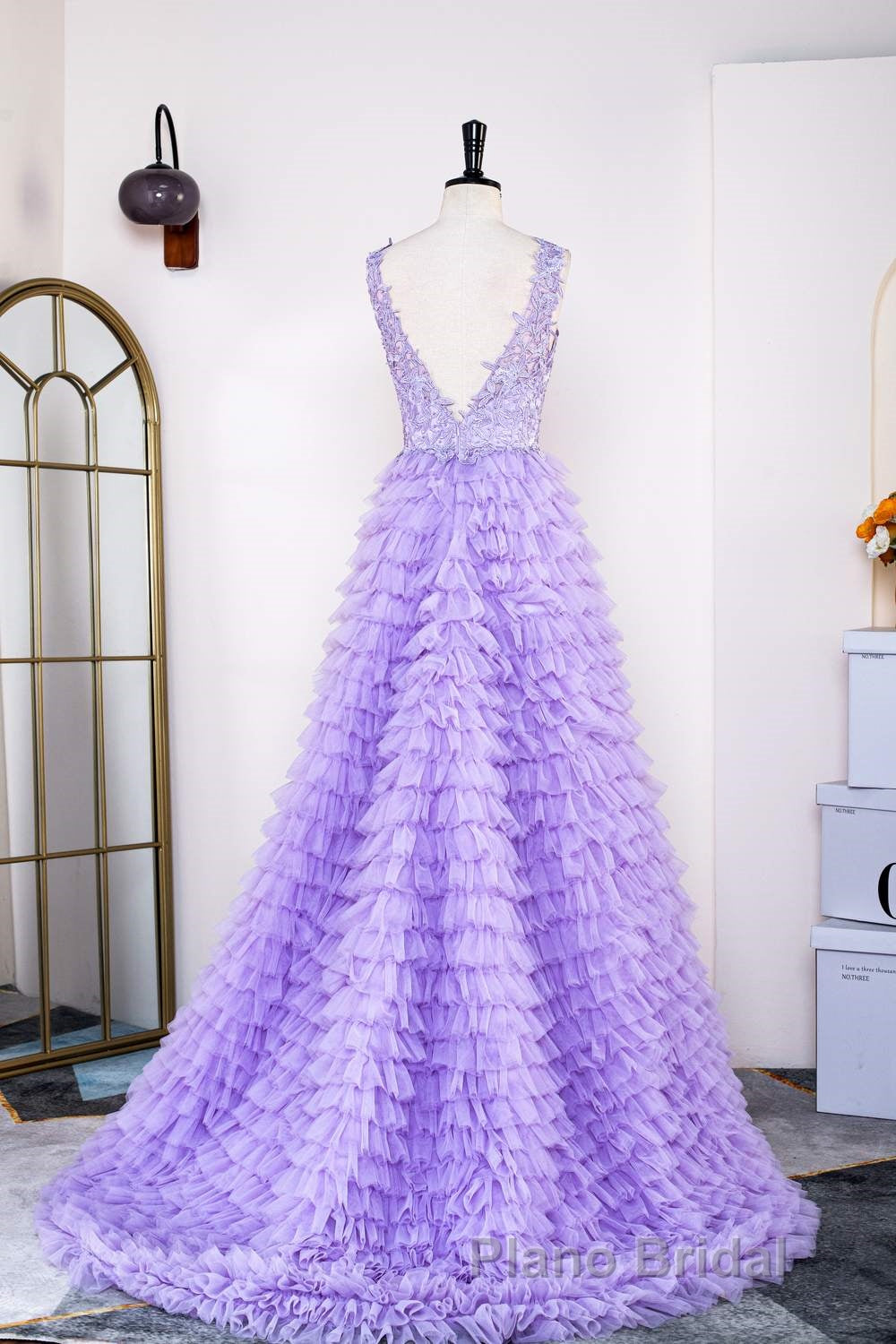 Lavender Plunging V Neck Appliques Layers Long Formal Prom Dresses with Slit