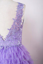 Lavender Plunging V Neck Appliques Layers Long Formal Prom Dresses with Slit