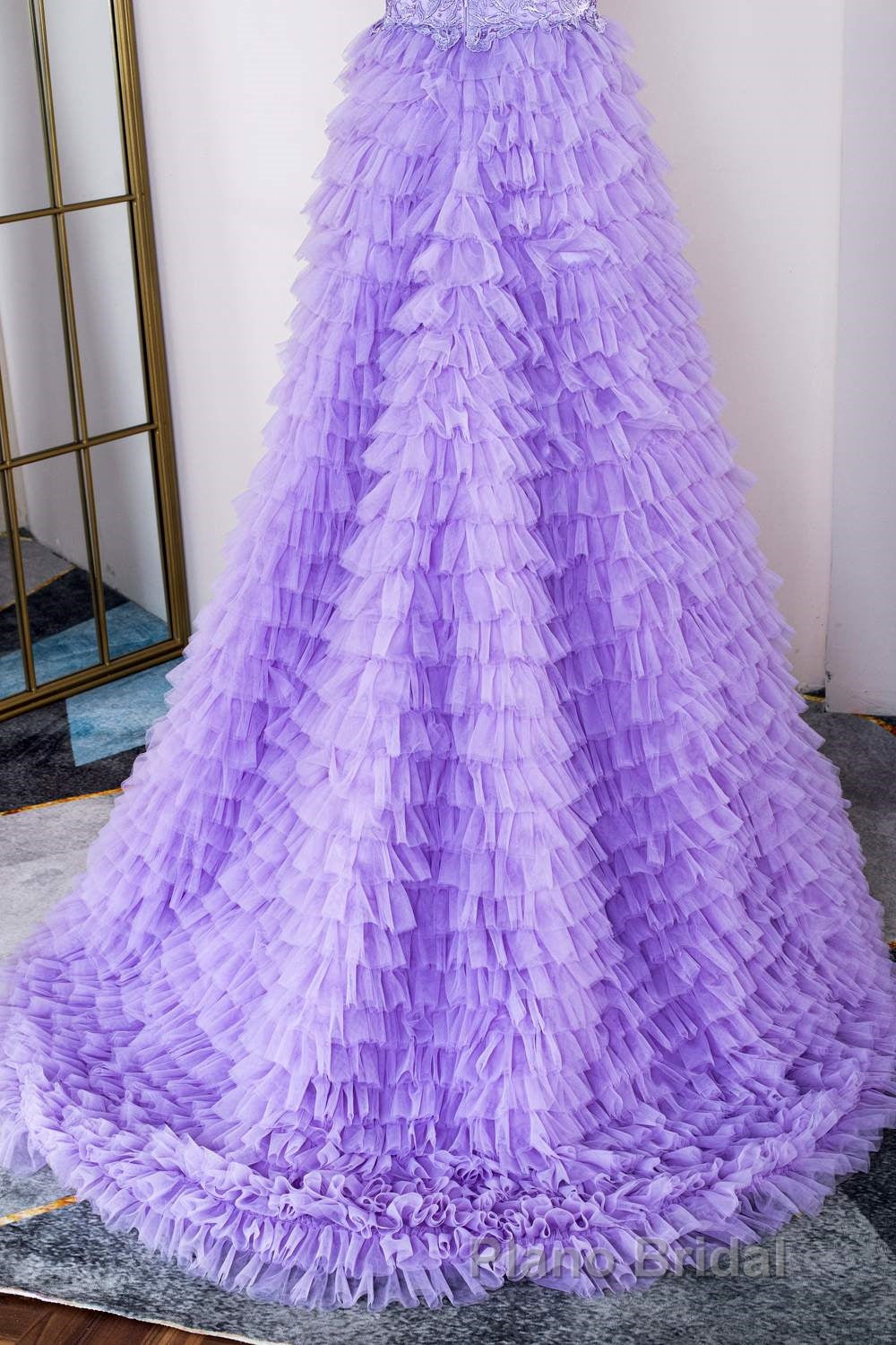 Lavender Plunging V Neck Appliques Layers Long Formal Prom Dresses with Slit