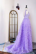 Lavender Plunging V Neck Appliques Layers Long Formal Prom Dresses with Slit