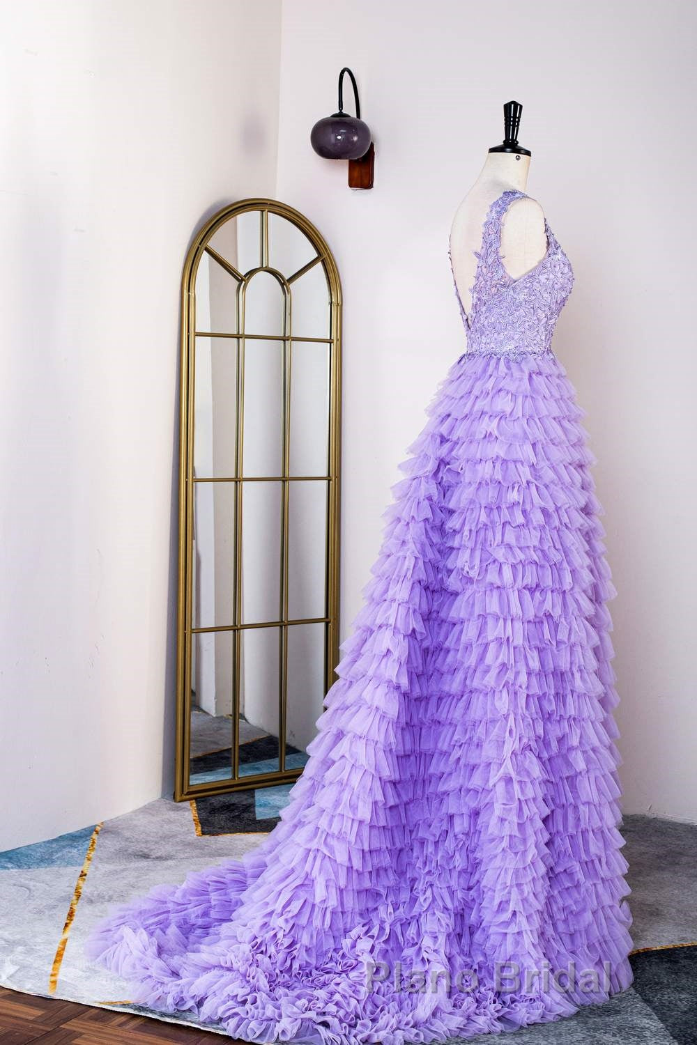 Lavender Plunging V Neck Appliques Layers Long Formal Prom Dresses with Slit